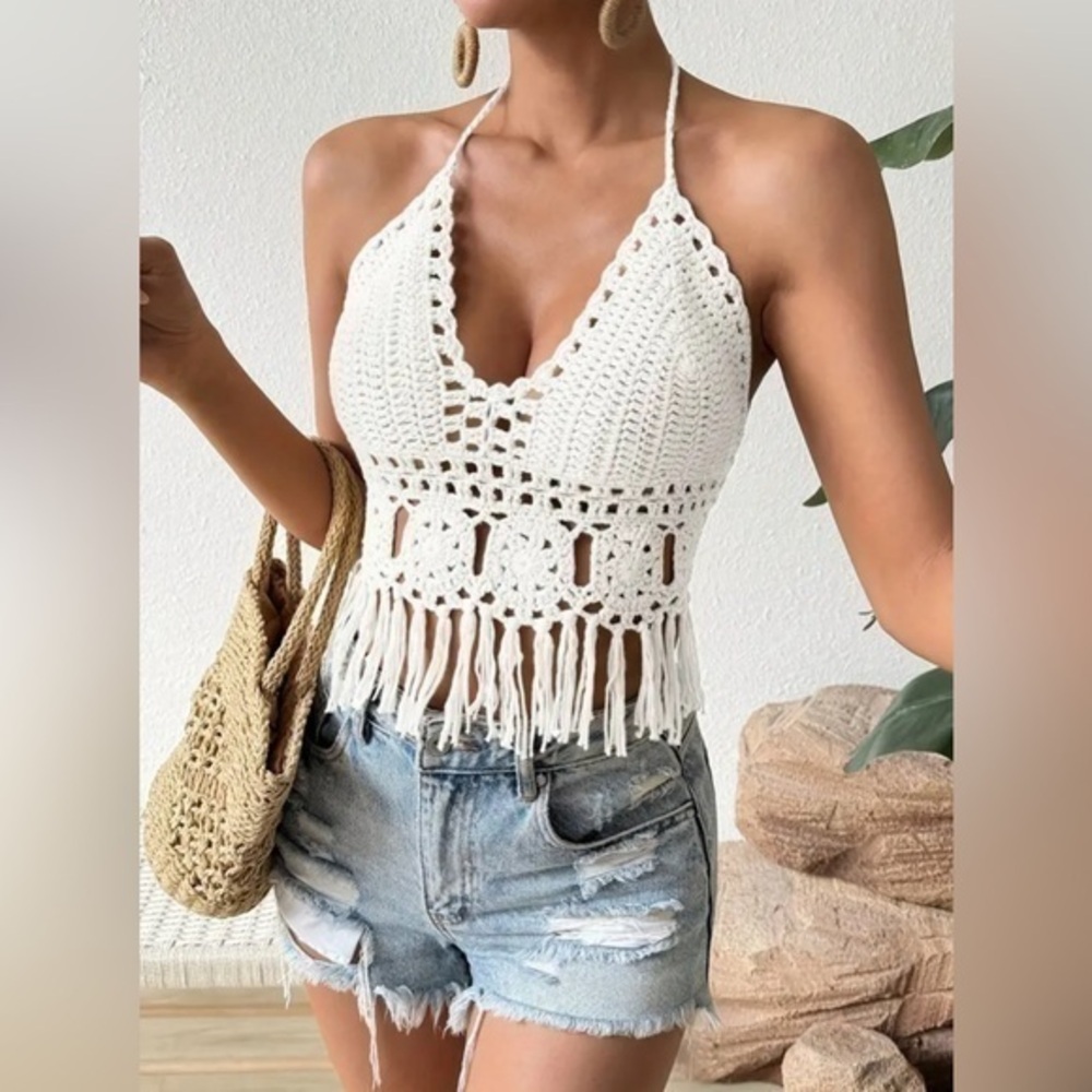 Crochet Tassel Hem Halter Top